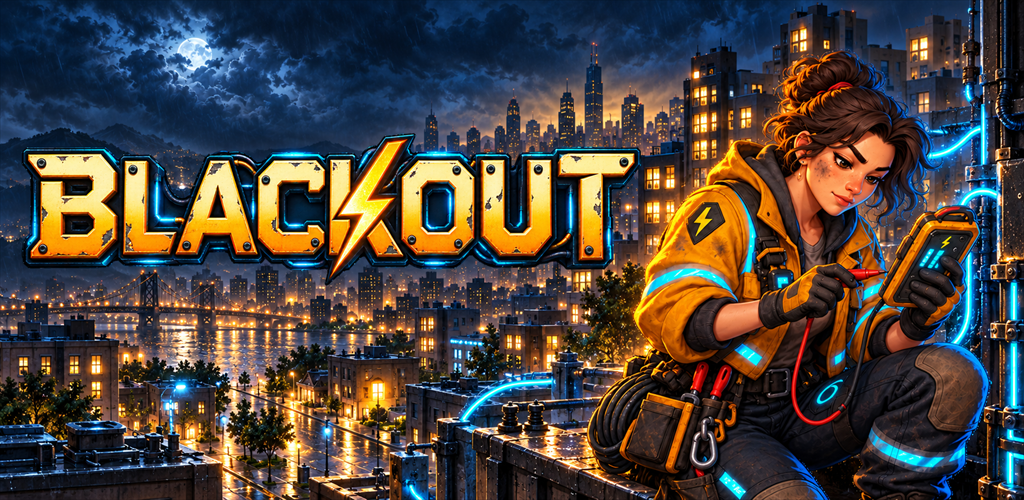 Blackout illustrated game artwork featuring Sparky and a city being restored to light