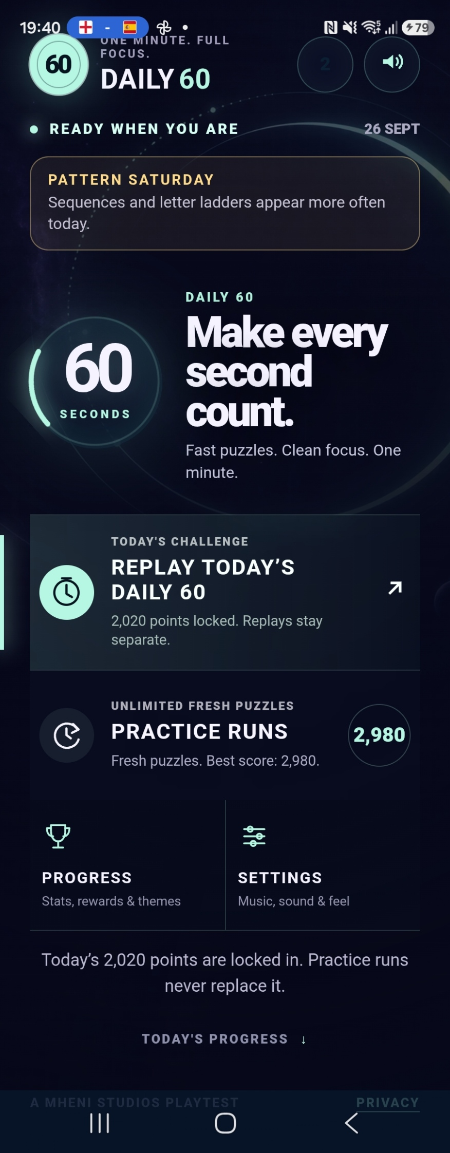Daily 60 lobby showing daily and practice modes